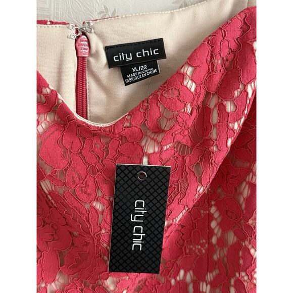 City Chic Lace Whisper Dress Sz XL 22 Raspberry Nude Midi Wedding Guest Sexy NWT - Picture 9 of 13